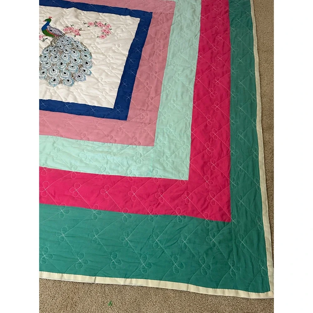 Vintage Peacock Embroidered Quilt Colorful Multi Border Butterfly Stitching